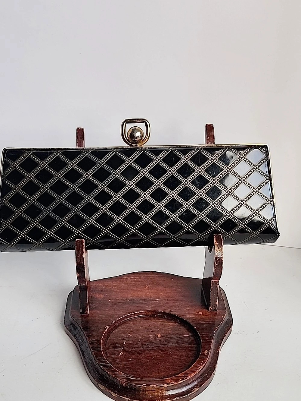 Vintage Dorset Rex Fifth Ave 1950s Geometric Weave Gold Black Plastic Clutch